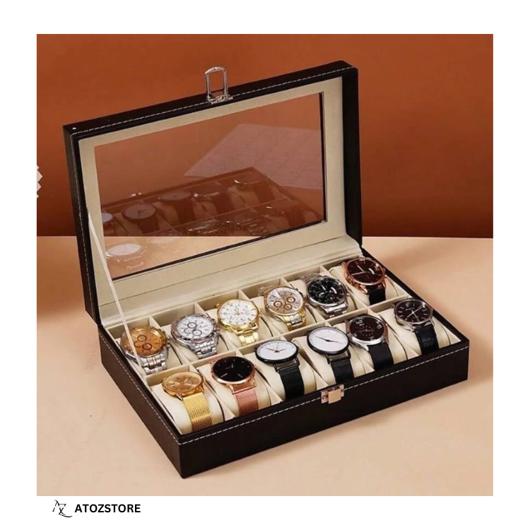 Boîte à Montres en Cuir PU – Coffret de Rangement 12 Emplacements avec Couvercle Transparent et Coussins Amovibles pour Montres et Bijoux