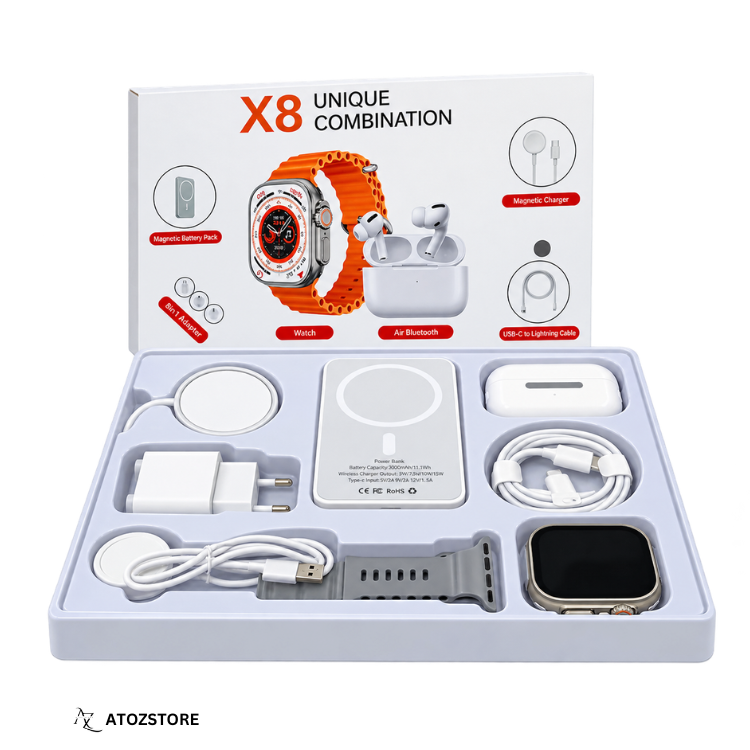 Pack Connecté 8 en 1 – Montre Intelligente, Écouteurs Bluetooth et Batterie Externe, couleur et design aléatoire