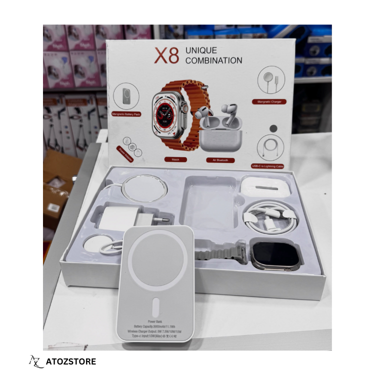 Pack Connecté 8 en 1 – Montre Intelligente, Écouteurs Bluetooth et Batterie Externe, couleur et design aléatoire