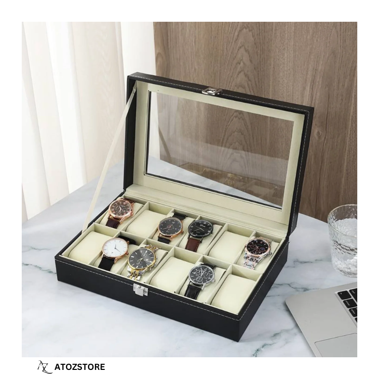 Boîte à Montres en Cuir PU – Coffret de Rangement 12 Emplacements avec Couvercle Transparent et Coussins Amovibles pour Montres et Bijoux