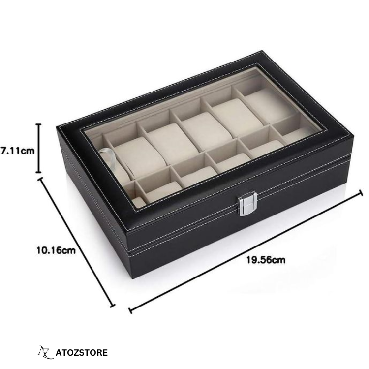 Boîte à Montres en Cuir PU – Coffret de Rangement 12 Emplacements avec Couvercle Transparent et Coussins Amovibles pour Montres et Bijoux