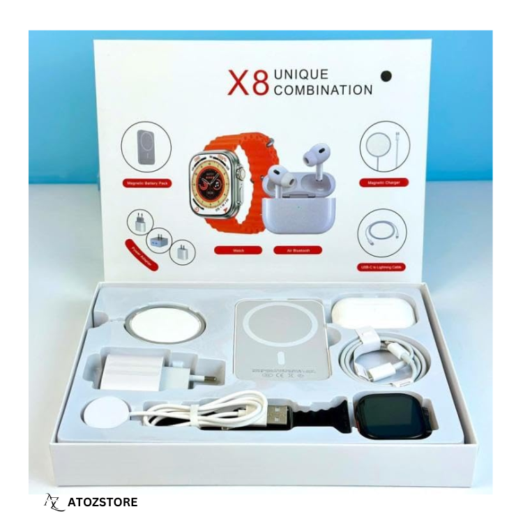 Pack Connecté 8 en 1 – Montre Intelligente, Écouteurs Bluetooth et Batterie Externe, couleur et design aléatoire