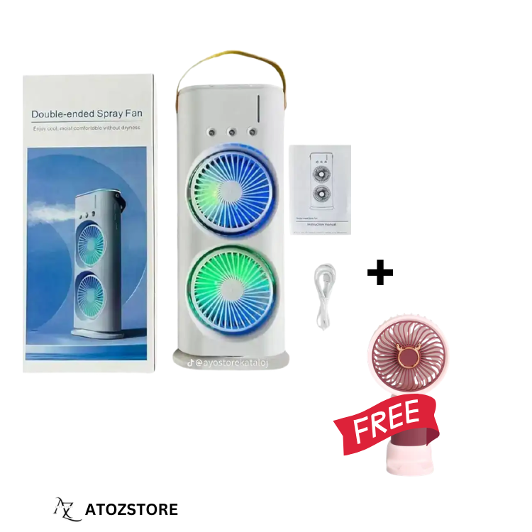 Pack Ventilateur Double Tête avec Brumisateur Rechargeable USB + Mini Ventilateur Offert, couleur et design aléatoire