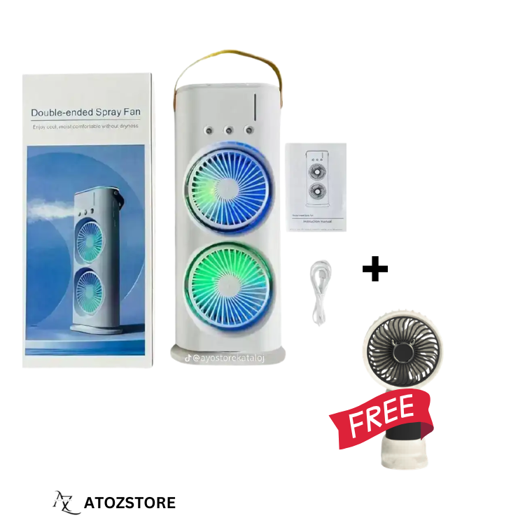 Pack Ventilateur Double Tête avec Brumisateur Rechargeable USB + Mini Ventilateur Offert, couleur et design aléatoire