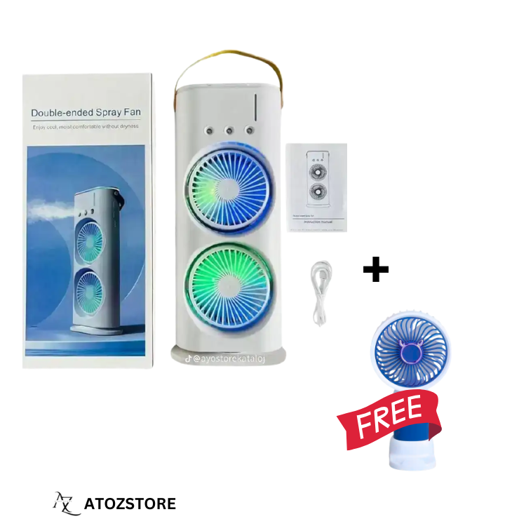 Pack Ventilateur Double Tête avec Brumisateur Rechargeable USB + Mini Ventilateur Offert, couleur et design aléatoire
