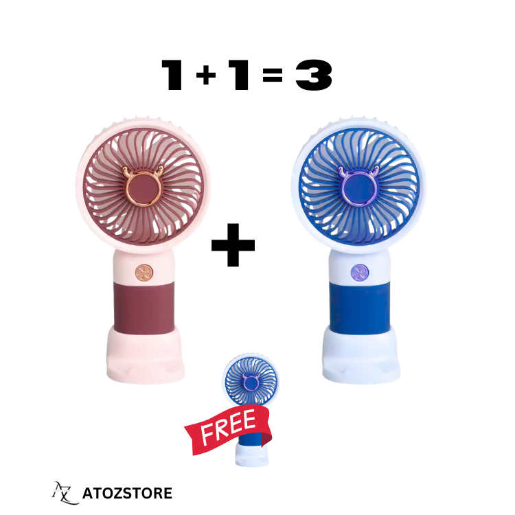 Pack 2 Ventilateurs Portables Rechargeables USB + Mini Ventilateur Offert, couleur et design aléatoire