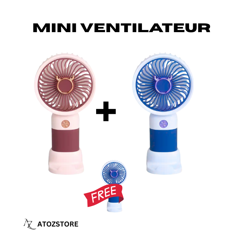 Pack 2 Ventilateurs Portables Rechargeables USB + Mini Ventilateur Offert, couleur et design aléatoire