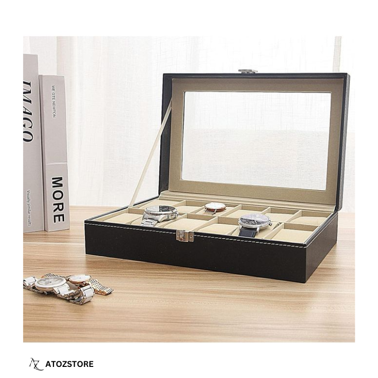 Boîte à Montres en Cuir PU – Coffret de Rangement 12 Emplacements avec Couvercle Transparent et Coussins Amovibles pour Montres et Bijoux