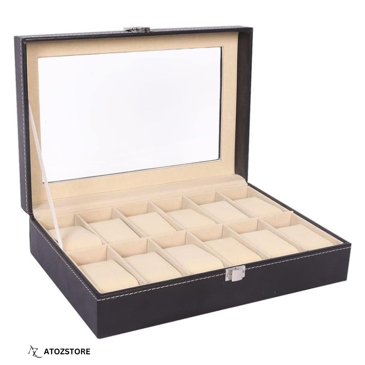 Boîte à Montres en Cuir PU – Coffret de Rangement 12 Emplacements avec Couvercle Transparent et Coussins Amovibles pour Montres et Bijoux