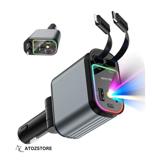 Chargeur allume-cigare 4 en 1 avec câble Type-C et Lightning, Design et couleur aléatoire