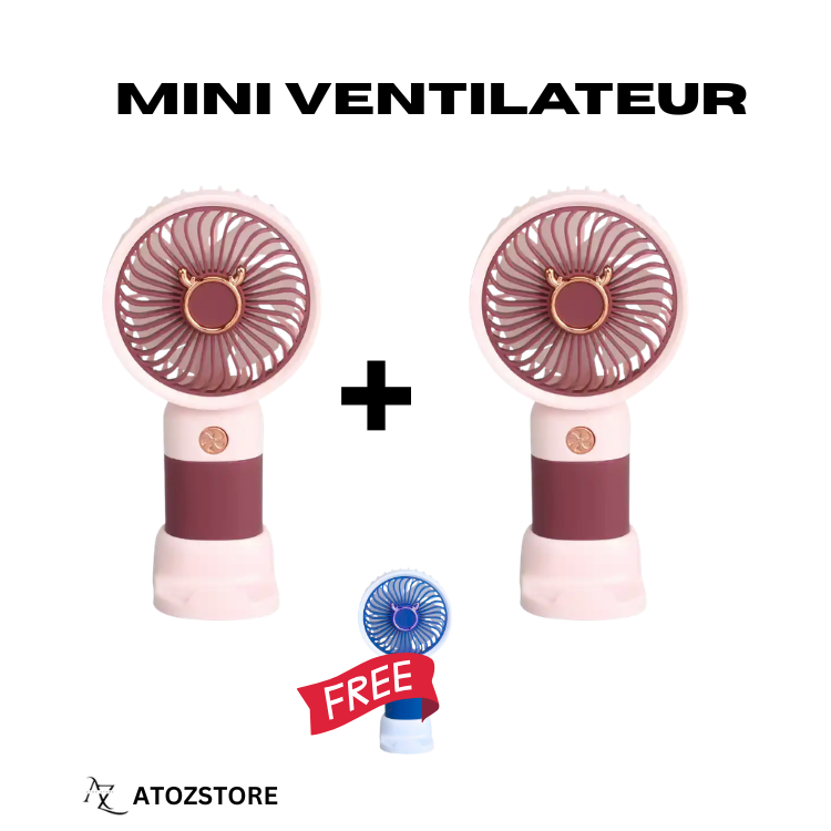 Pack 2 Ventilateurs Portables Rechargeables USB + Mini Ventilateur Offert, couleur et design aléatoire