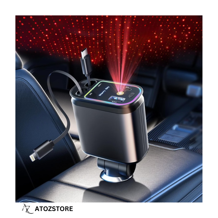 Chargeur allume-cigare 4 en 1 avec câble Type-C et Lightning, Design et couleur aléatoire