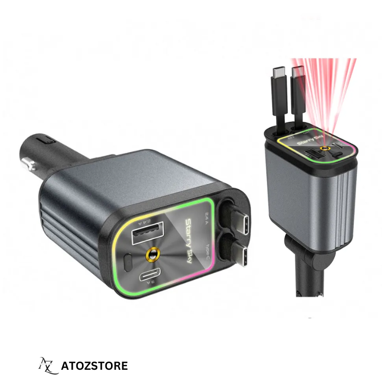 Chargeur allume-cigare 4 en 1 avec câble Type-C et Lightning, Design et couleur aléatoire