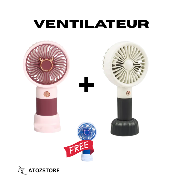 Pack 2 Ventilateurs Portables Rechargeables USB + Mini Ventilateur Offert, couleur et design aléatoire