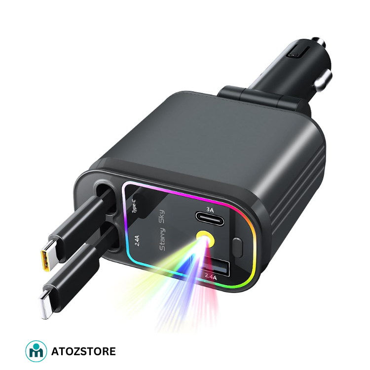 Chargeur allume-cigare 4 en 1 avec câble Type-C et Lightning, Design et couleur aléatoire