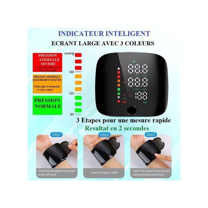 Tensiomètre numérique rechargeable au poignet, écran LED tactile, 2 utilisateurs, détection battement irrégulier, mesure fréquence cardiaque, fonction vocale, appareil tension artérielle portable