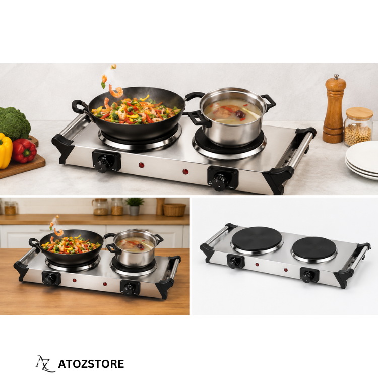 Cuisinière Électrique Double Plaque 2 Brûleurs en Acier Inoxydable, Couleur et design aléatoire