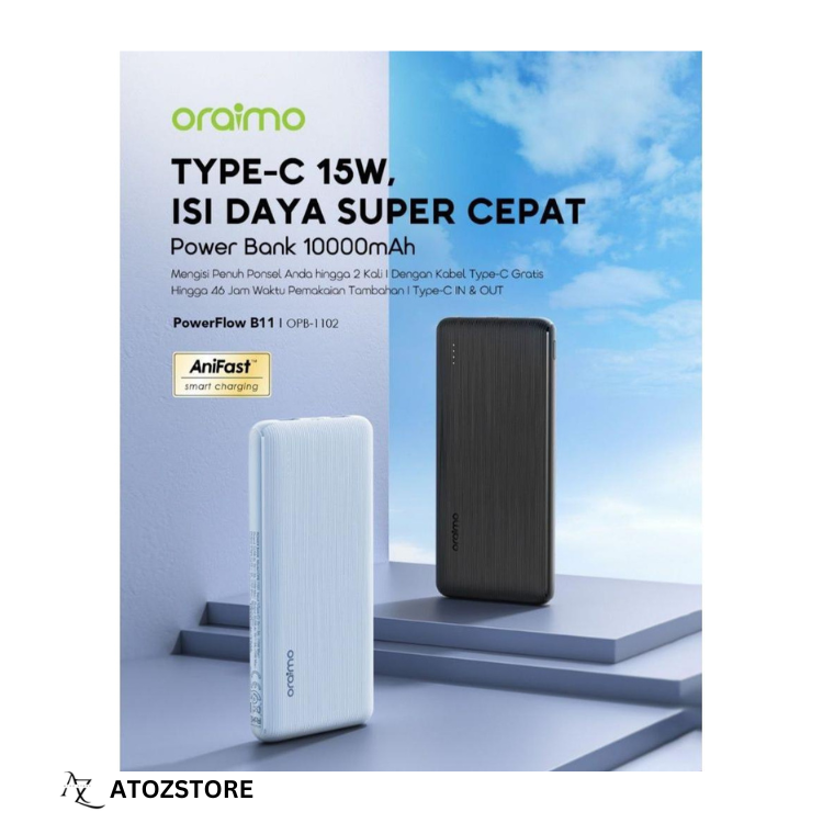Batterie Externe Oraimo 10000mAh USB et Type-C Charge Rapide 15W, couleur aléatoire