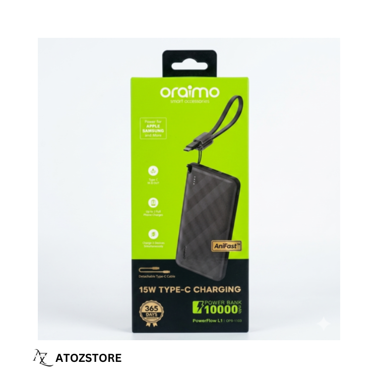 Oraimo Power Bank 10000mAh Charge Rapide 15W avec Câble USB-C, Couleur et design aléatoire